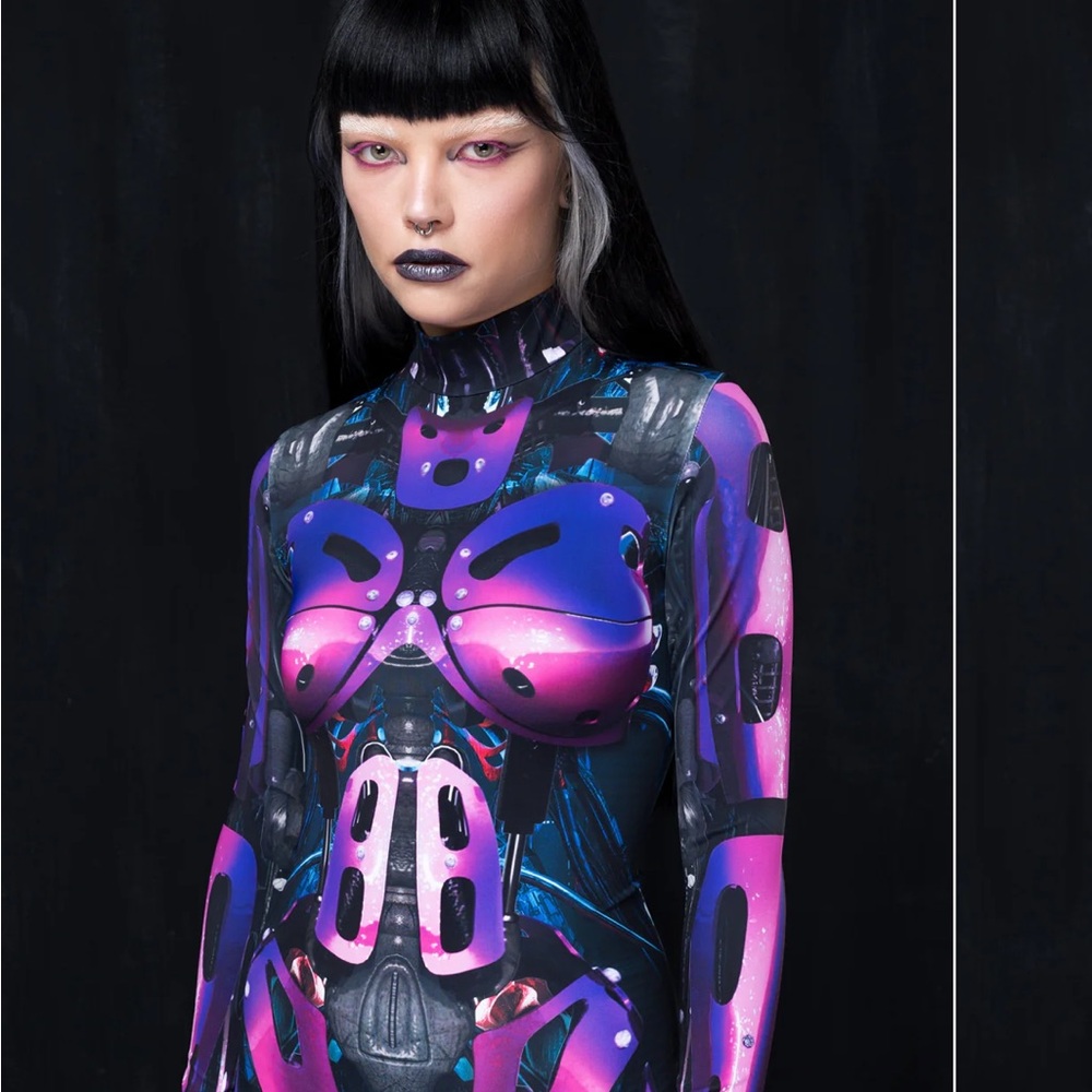 Halloween Futuristic Robotic Cyberware Black, Pink and Purple Jumpsuit Costume